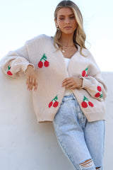 Cherrie Cardigan - Open Front Cherry Print Cardigan with Detatchable Ties in Beige