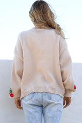 Cherrie Cardigan - Open Front Cherry Print Cardigan with Detatchable Ties in Beige