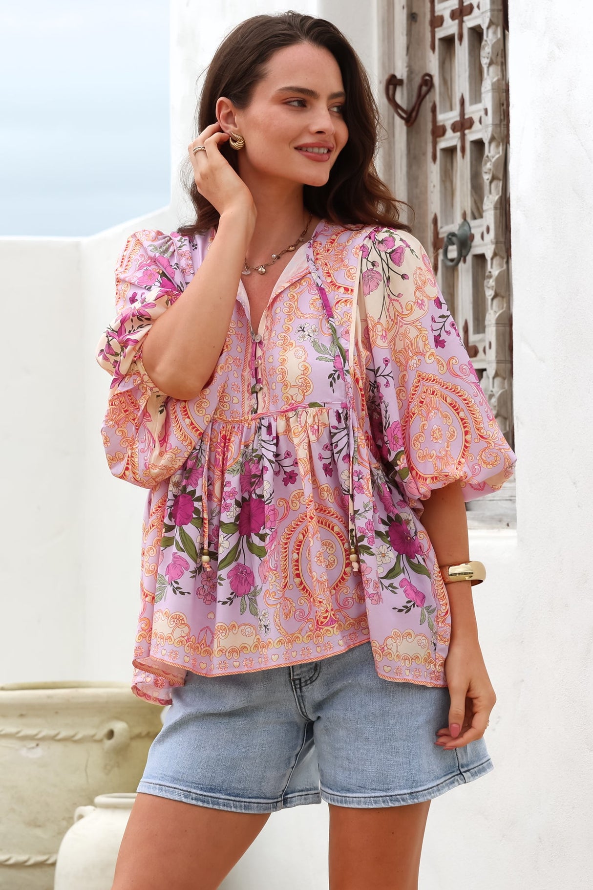 Chi Blouse - Balloon Sleeve Smock Blouse in Gesabelle Print