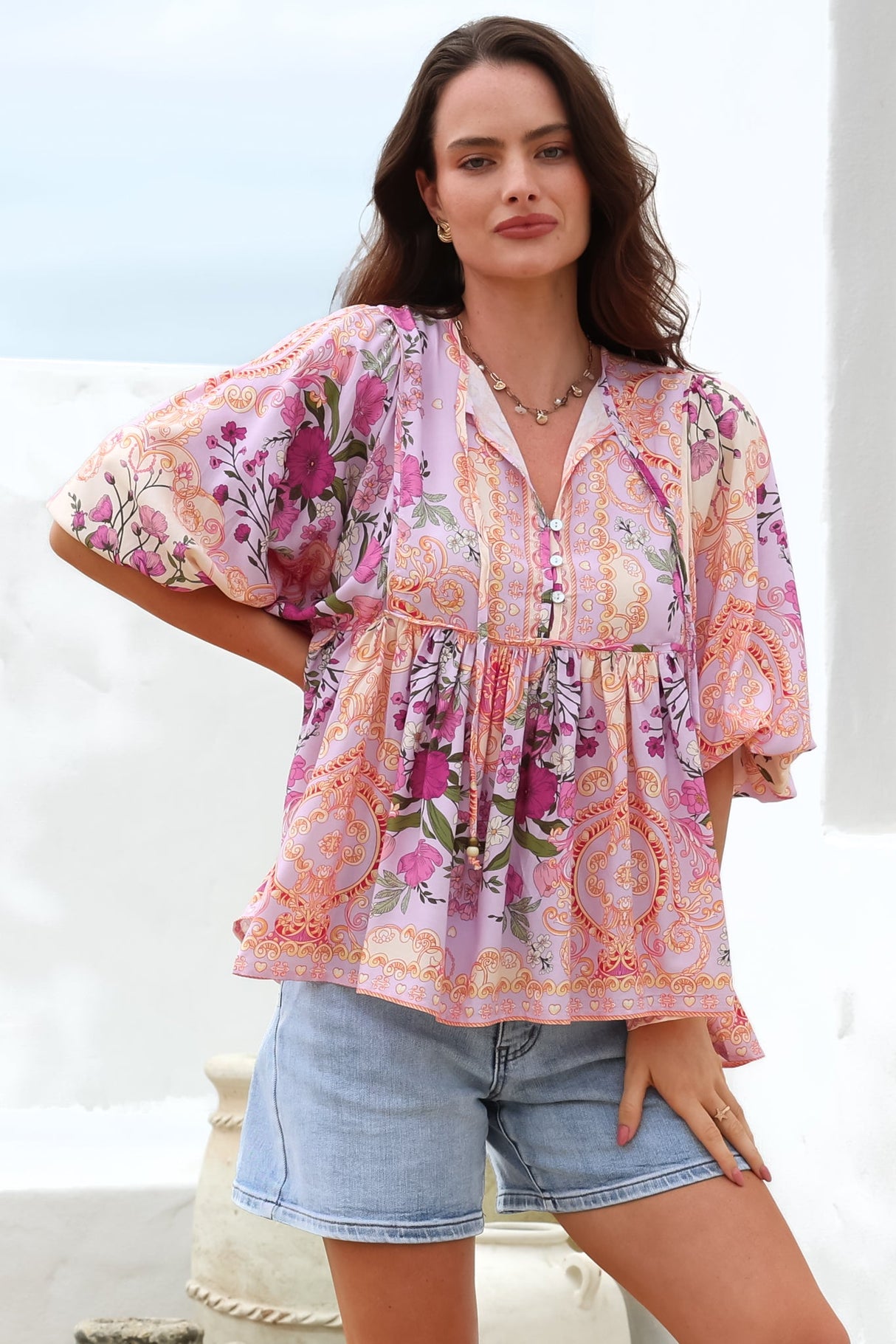 Chi Blouse - Balloon Sleeve Smock Blouse in Gesabelle Print