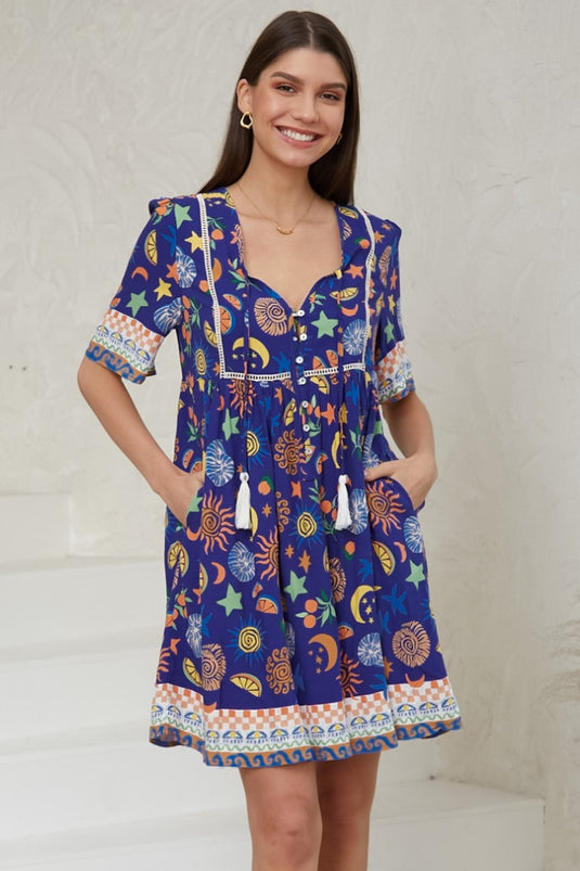 Chia Mini Dress - Babydoll Dress in Canary Print