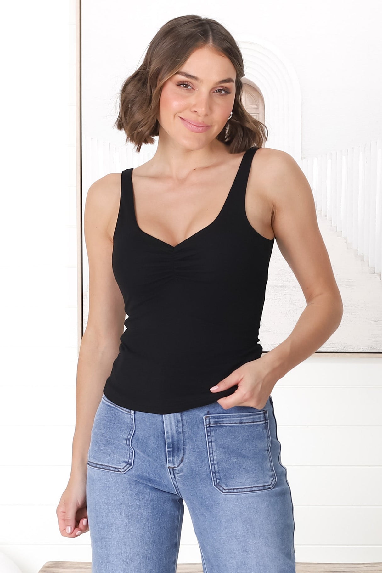 Chicago Singlet - Gathered Bust V Neck Top in Black