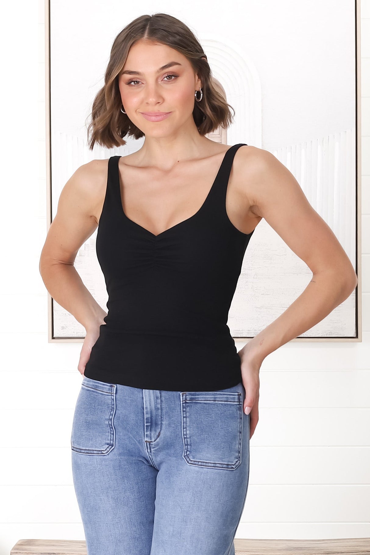 Chicago Singlet - Gathered Bust V Neck Top in Black