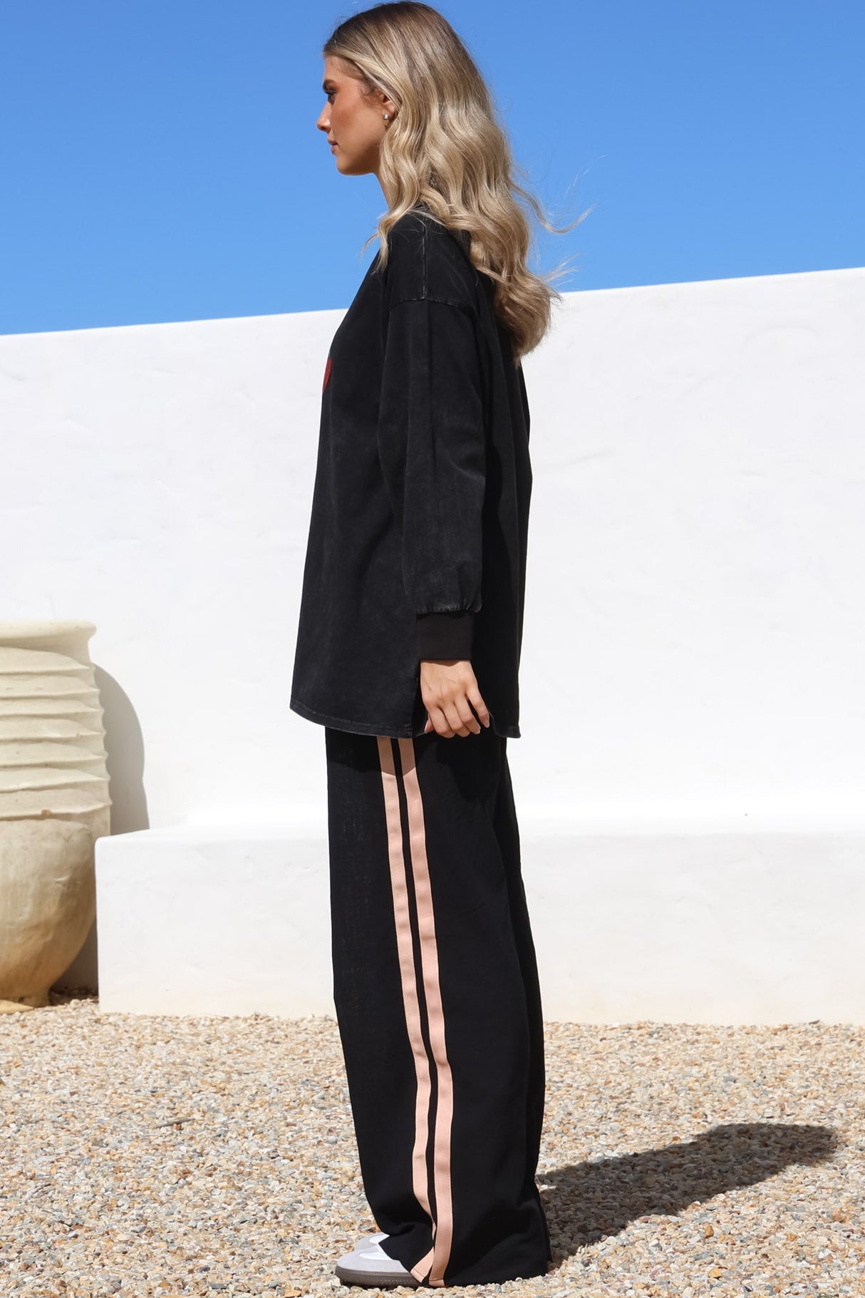 Chilli Lovers Set - Graphic Long Sleeve Top and Pants with Stripe Accent in Black