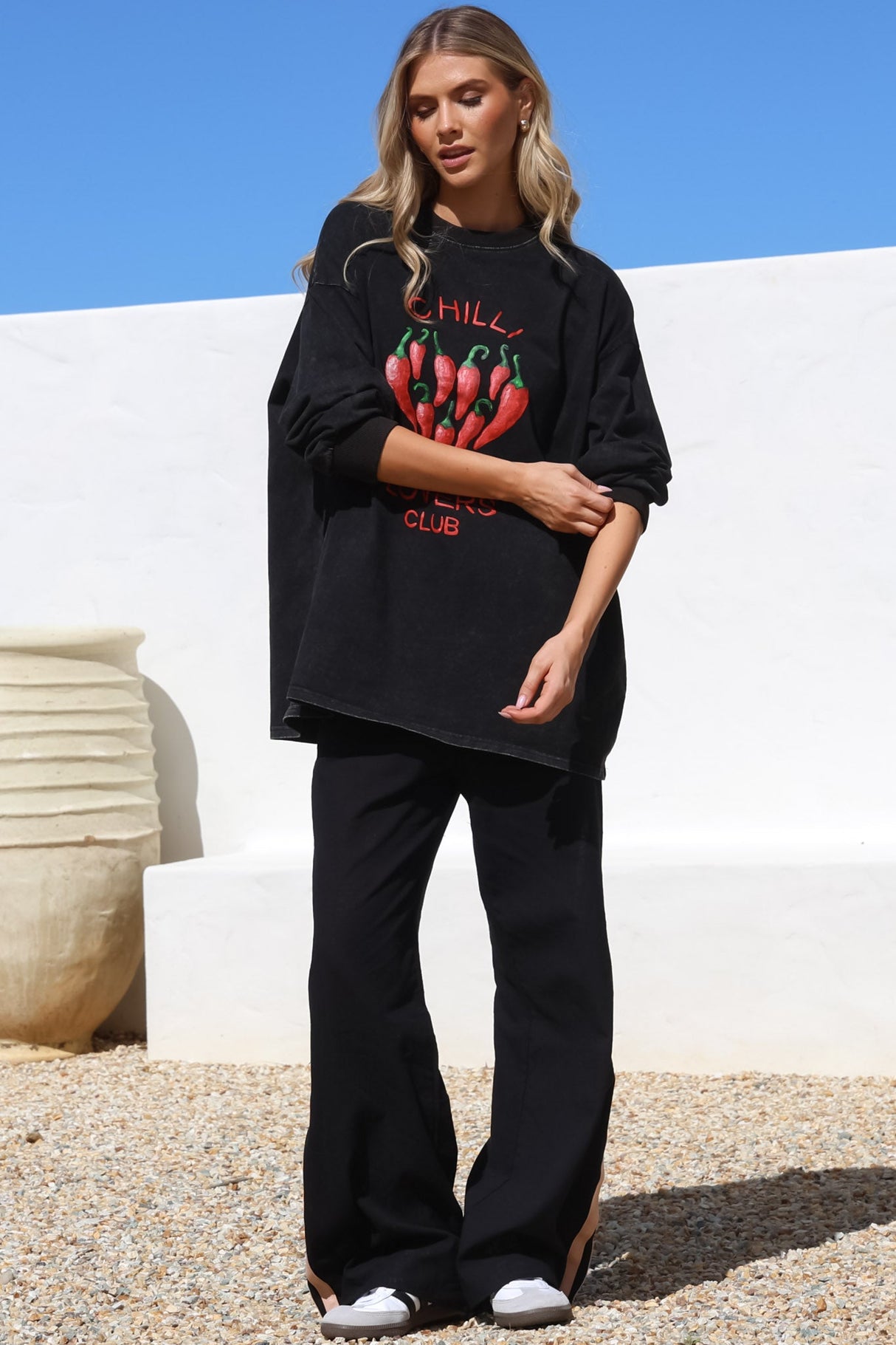 Chilli Lovers Set - Graphic Long Sleeve Top and Pants with Stripe Accent in Black
