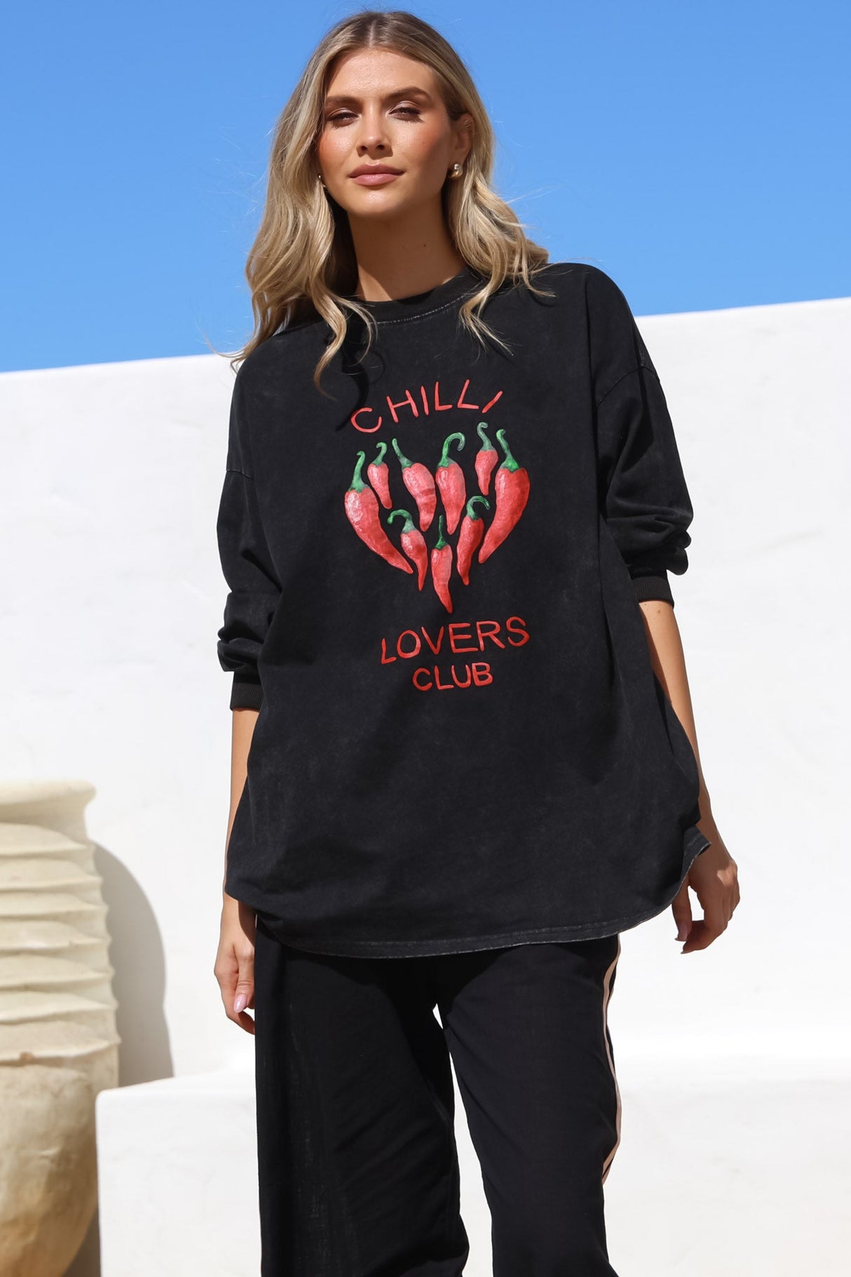 Chilli Lovers Set - Graphic Long Sleeve Top and Pants with Stripe Accent in Black