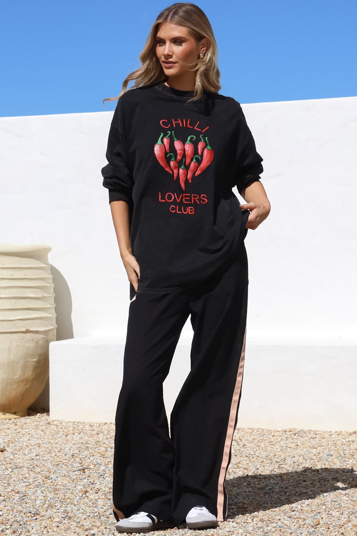 Chilli Lovers Set - Graphic Long Sleeve Top and Pants with Stripe Accent in Black
