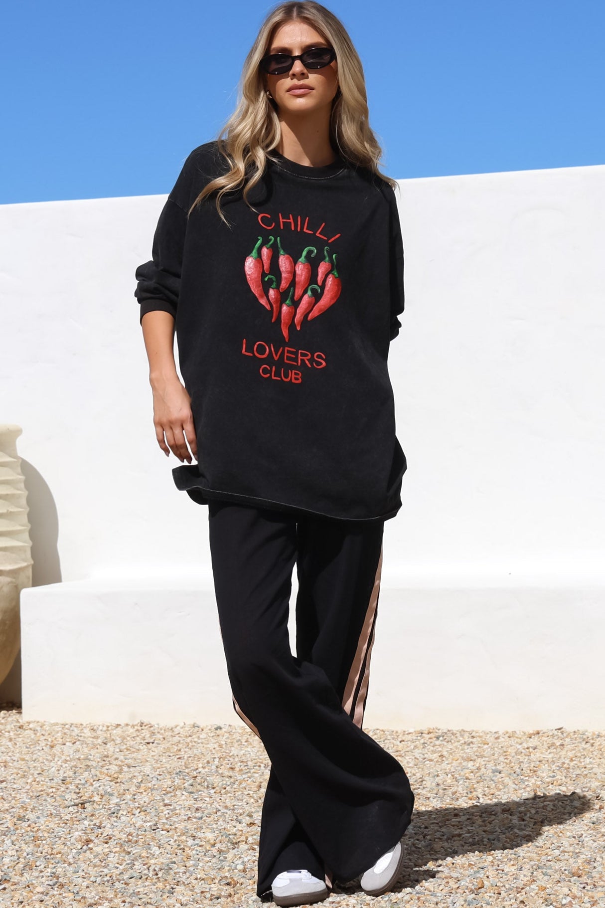 Chilli Lovers Set - Graphic Long Sleeve Top and Pants with Stripe Accent in Black