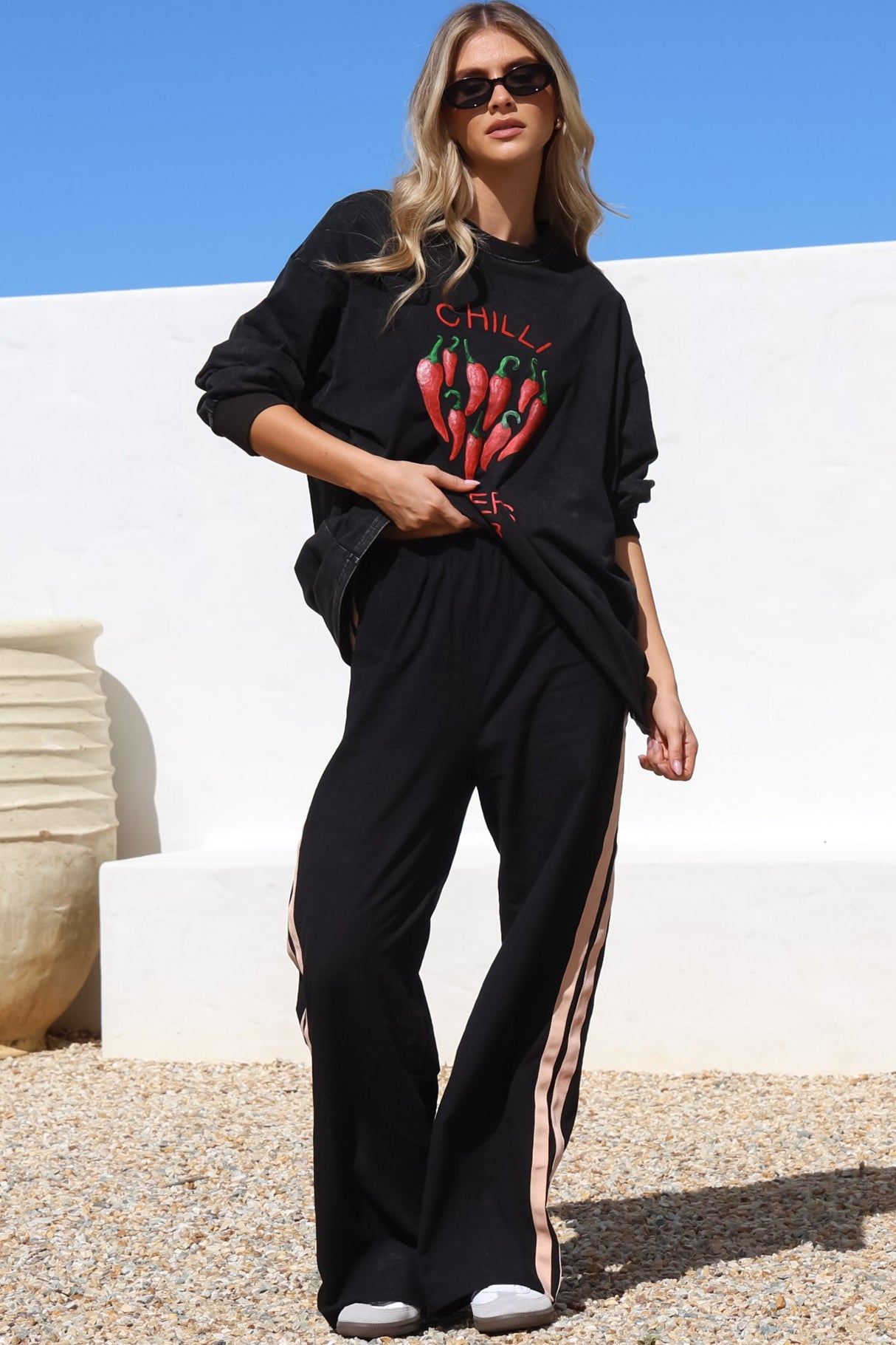 Chilli Lovers Set - Graphic Long Sleeve Top and Pants with Stripe Accent in Black