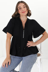 Chime Top - Mandarin Collar Bell Sleeve Pull Over Top in Black