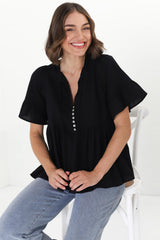 Chime Top - Mandarin Collar Bell Sleeve Pull Over Top in Black