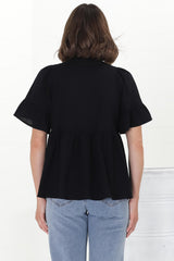 Chime Top - Mandarin Collar Bell Sleeve Pull Over Top in Black