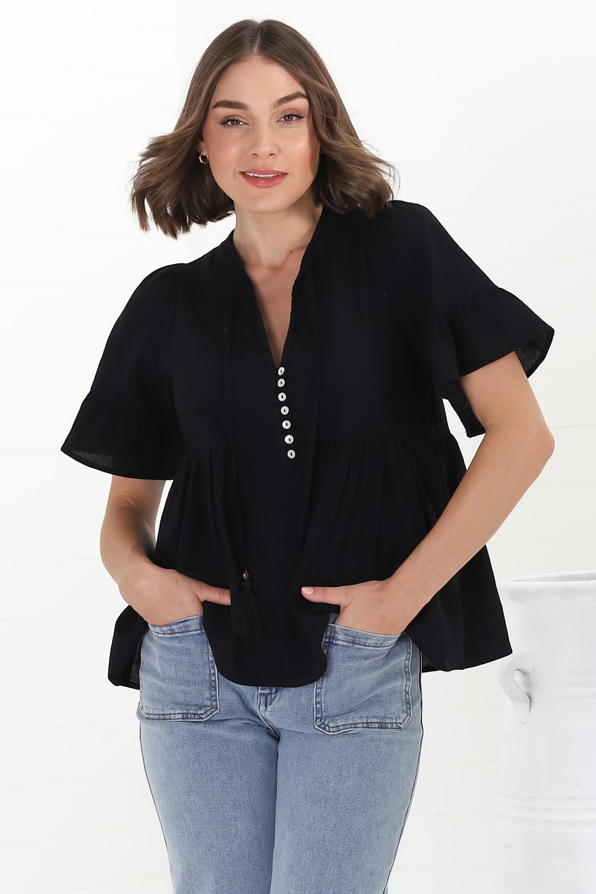 Chime Top - Mandarin Collar Bell Sleeve Pull Over Top in Black