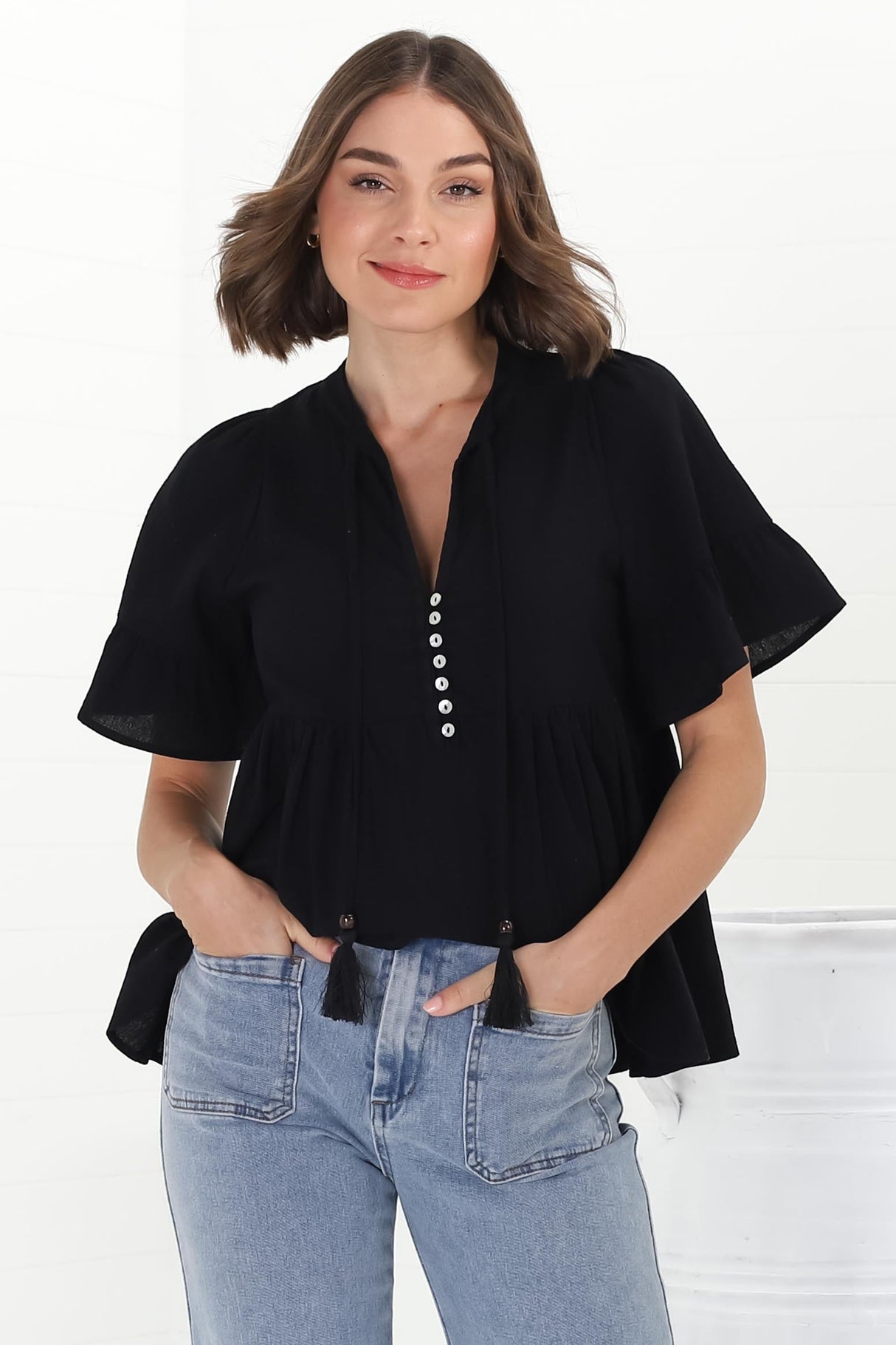 Chime Top - Mandarin Collar Bell Sleeve Pull Over Top in Black