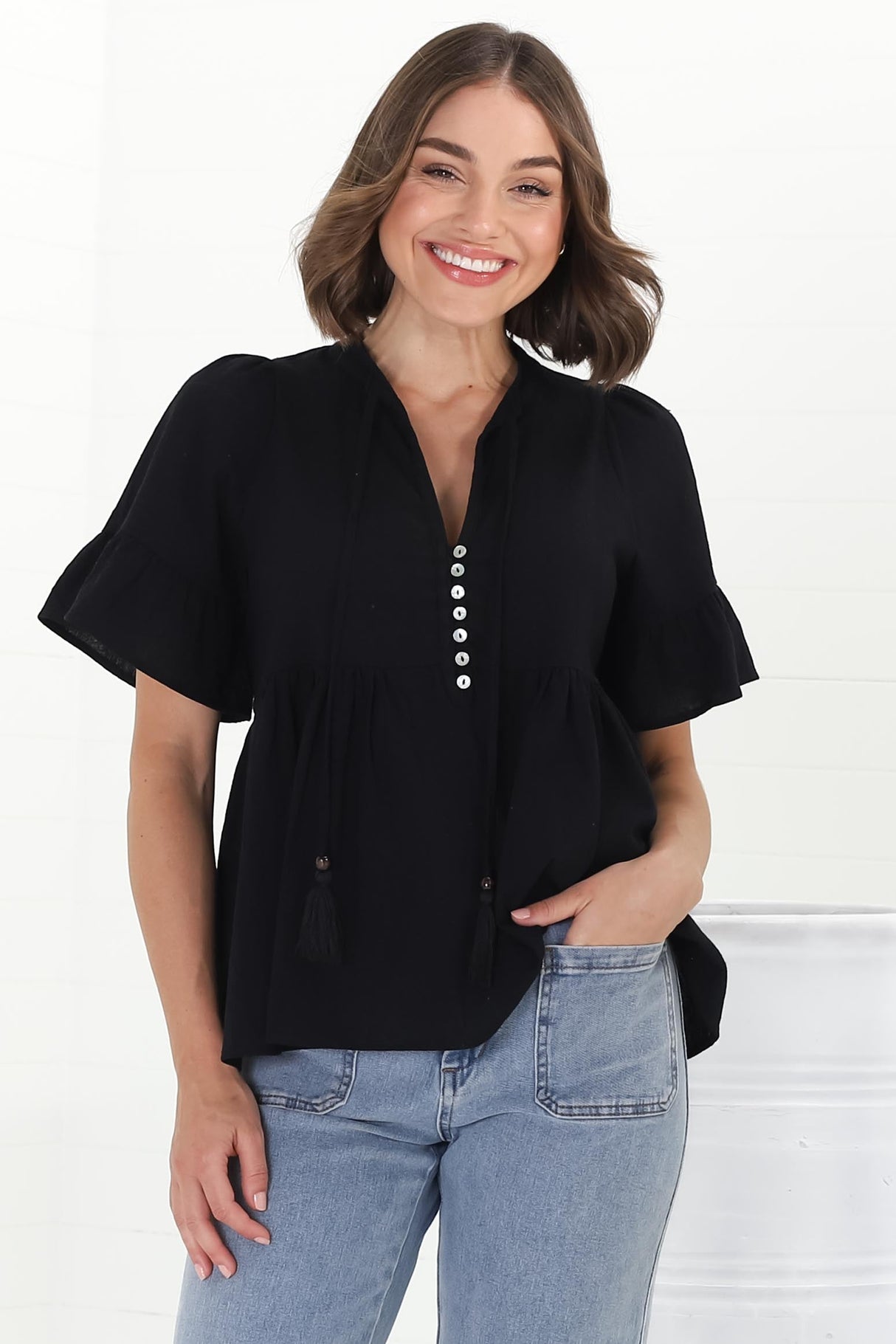 Chime Top - Mandarin Collar Bell Sleeve Pull Over Top in Black