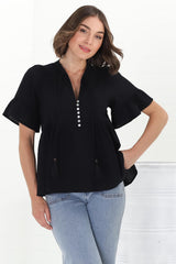 Chime Top - Mandarin Collar Bell Sleeve Pull Over Top in Black