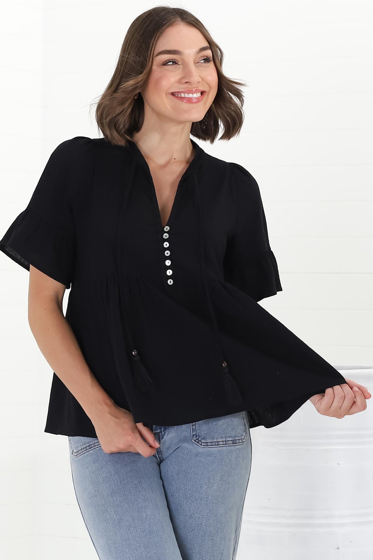 Chime Top - Mandarin Collar Bell Sleeve Pull Over Top in Black