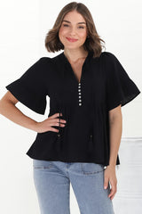 Chime Top - Mandarin Collar Bell Sleeve Pull Over Top in Black