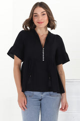 Chime Top - Mandarin Collar Bell Sleeve Pull Over Top in Black