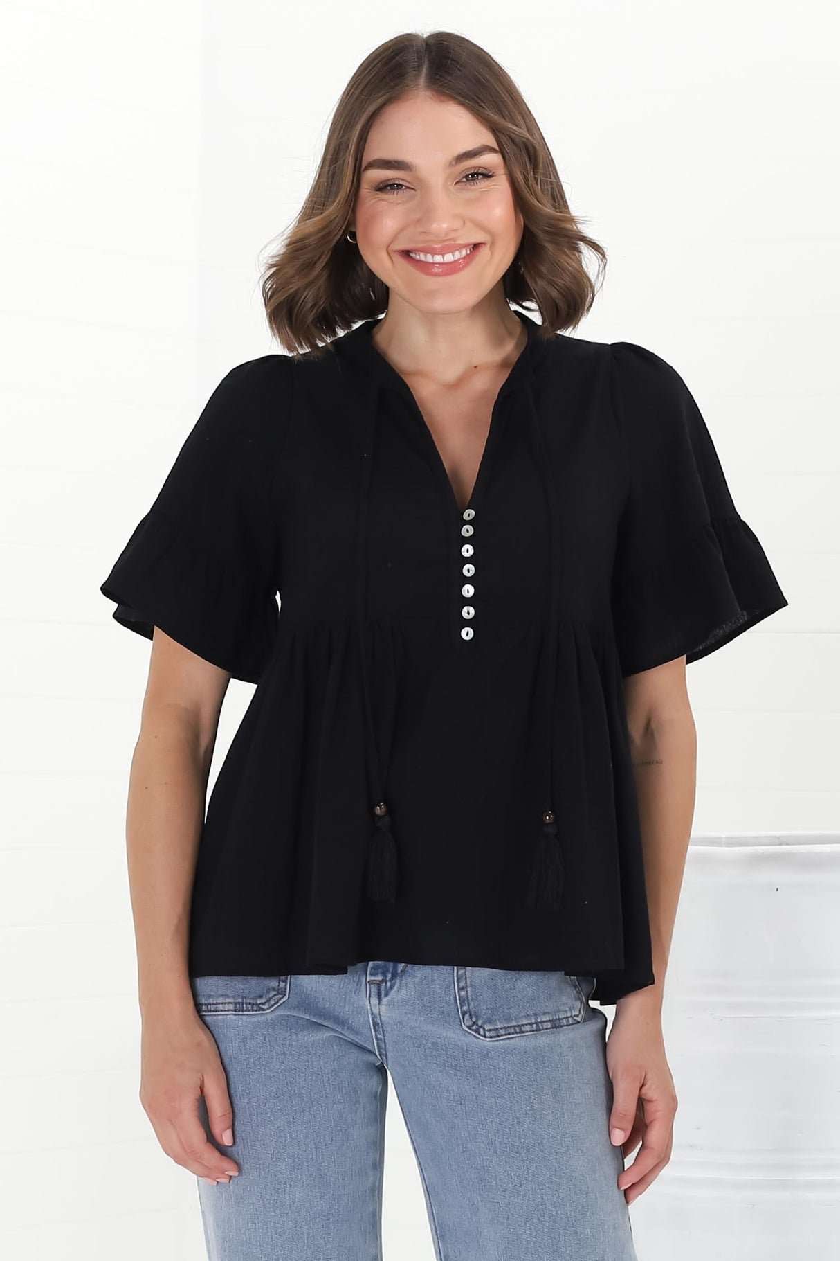 Chime Top - Mandarin Collar Bell Sleeve Pull Over Top in Black