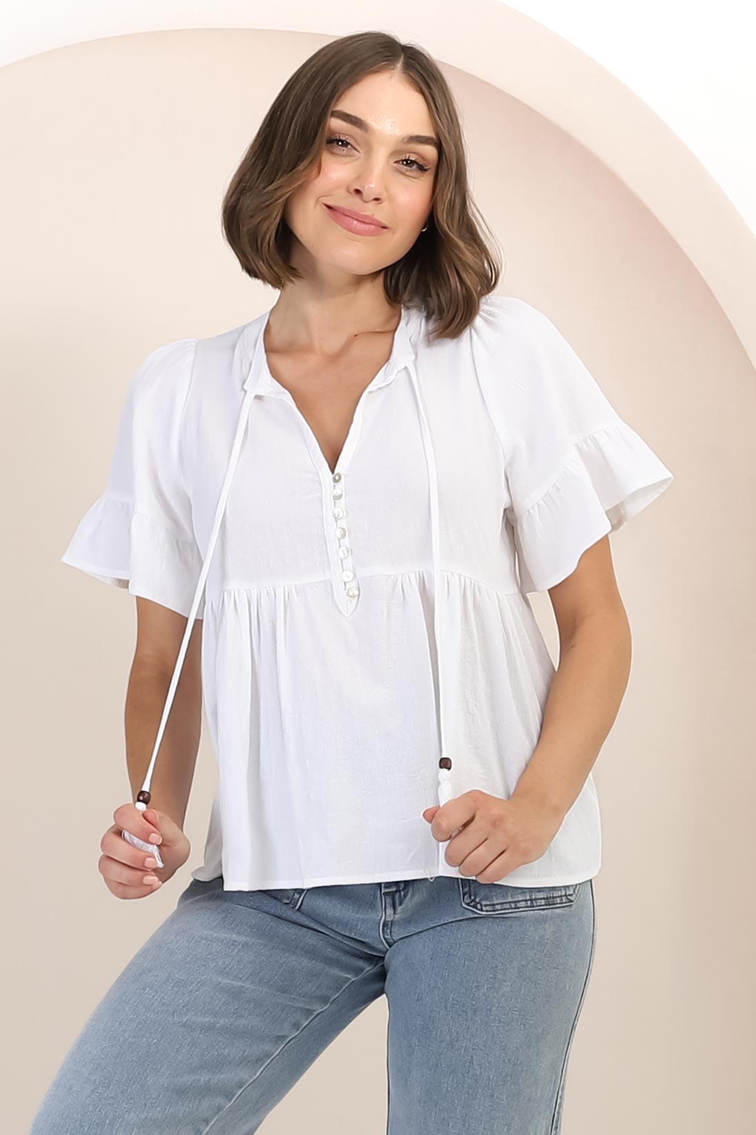 Chime Top - Mandarin Collar Bell Sleeve Pull Over Top in White