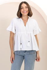 Chime Top - Mandarin Collar Bell Sleeve Pull Over Top in White