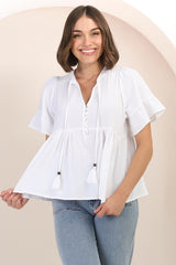 Chime Top - Mandarin Collar Bell Sleeve Pull Over Top in White