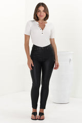 Chisel Jeans - Wet Look High Waisted Skinny Leg Jeans in Black