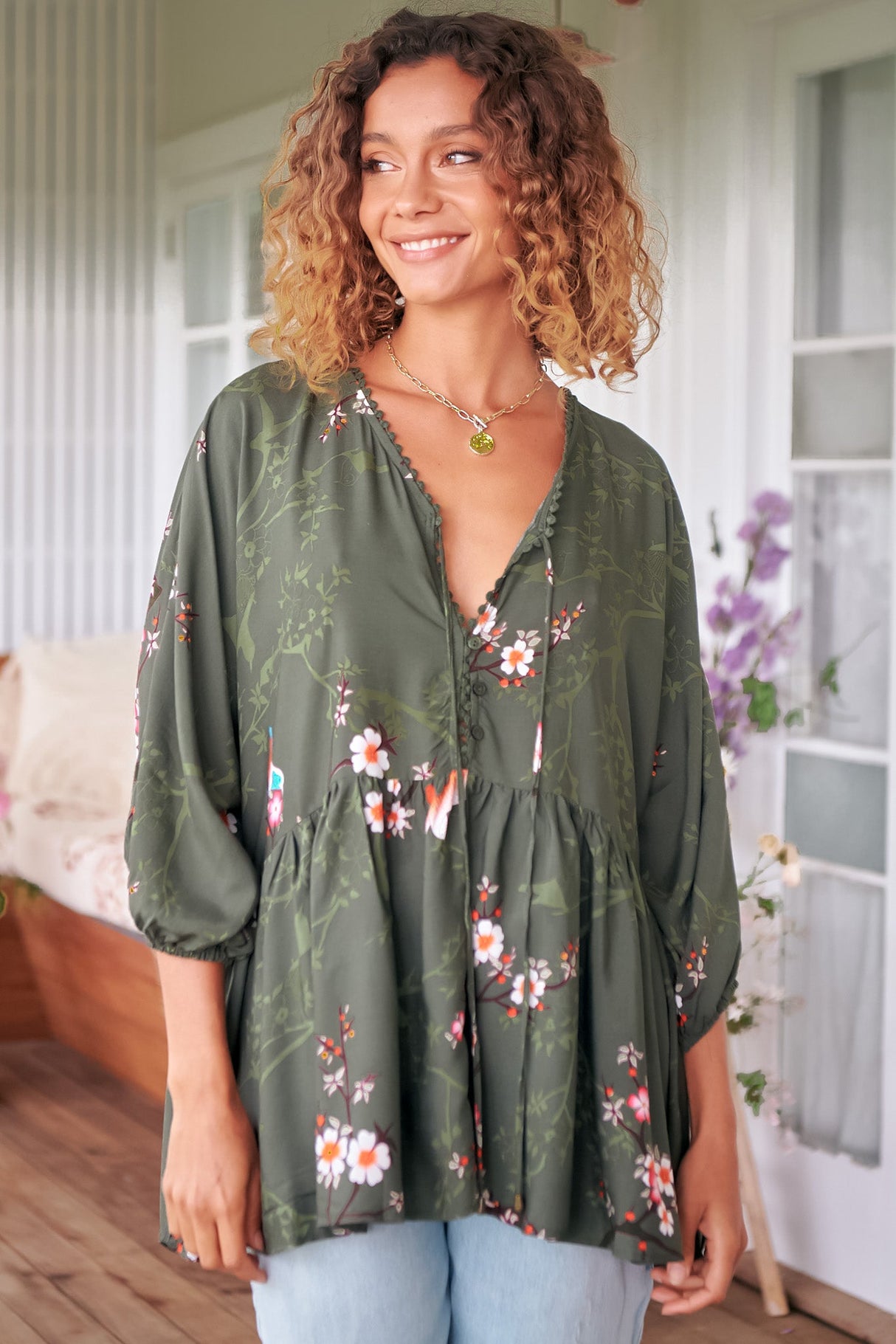 JAASE - Chloe Top: Very Oversized Crochet Trim Neckline Smock Top In Birds Paradise