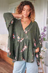 JAASE - Chloe Top: Very Oversized Crochet Trim Neckline Smock Top In Birds Paradise