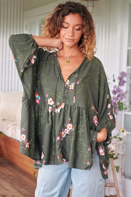 JAASE - Chloe Top: Very Oversized Crochet Trim Neckline Smock Top In Birds Paradise