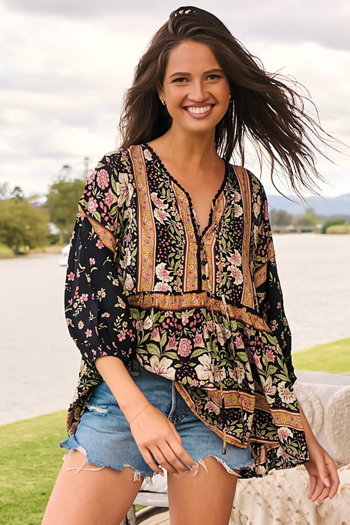 JAASE - Chloe Top: Very Oversized Crochet Trim Neckline Smock Top in Eternity Print