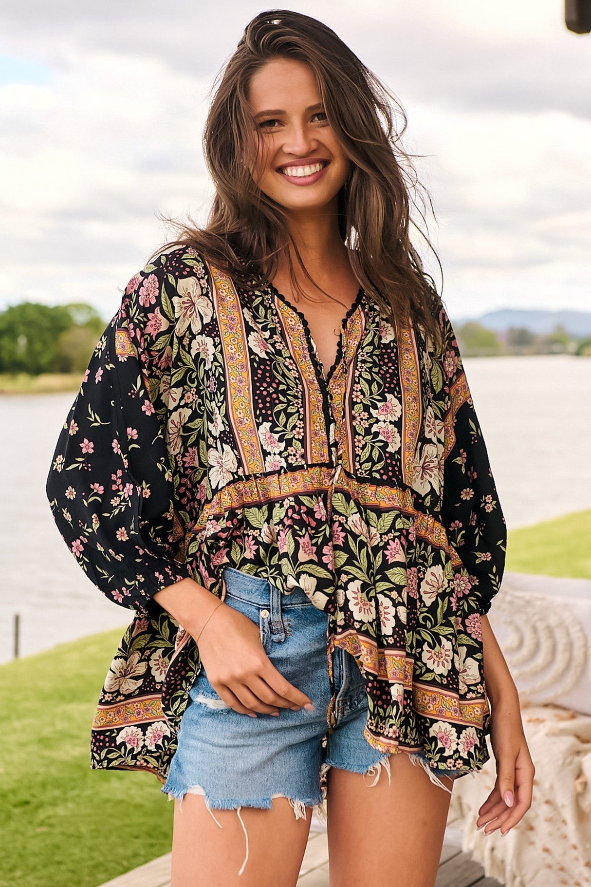 JAASE - Chloe Top: Very Oversized Crochet Trim Neckline Smock Top in Eternity Print