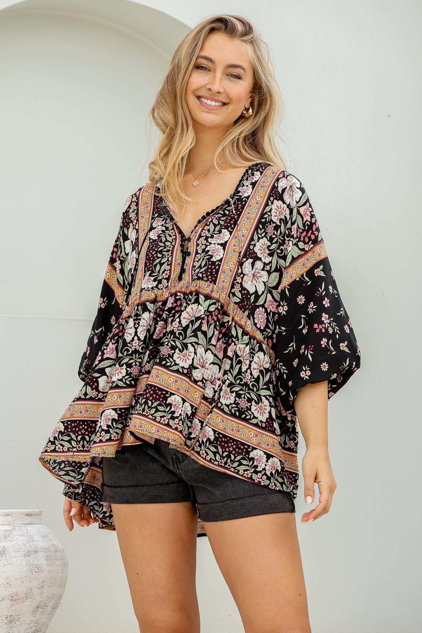 JAASE - Chloe Top: Very Oversized Crochet Trim Neckline Smock Top in Eternity Print