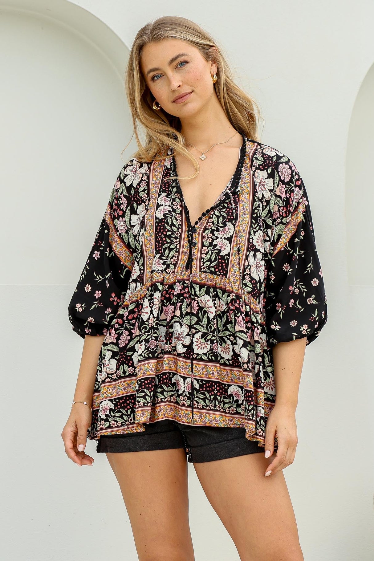 JAASE - Chloe Top: Very Oversized Crochet Trim Neckline Smock Top in Eternity Print