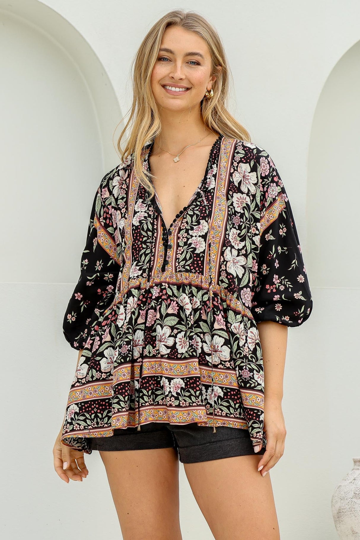 JAASE - Chloe Top: Very Oversized Crochet Trim Neckline Smock Top in Eternity Print