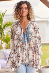 JAASE - Chloe Top: Very Oversized Crochet Trim Neckline Smock Top in Gemstone Print