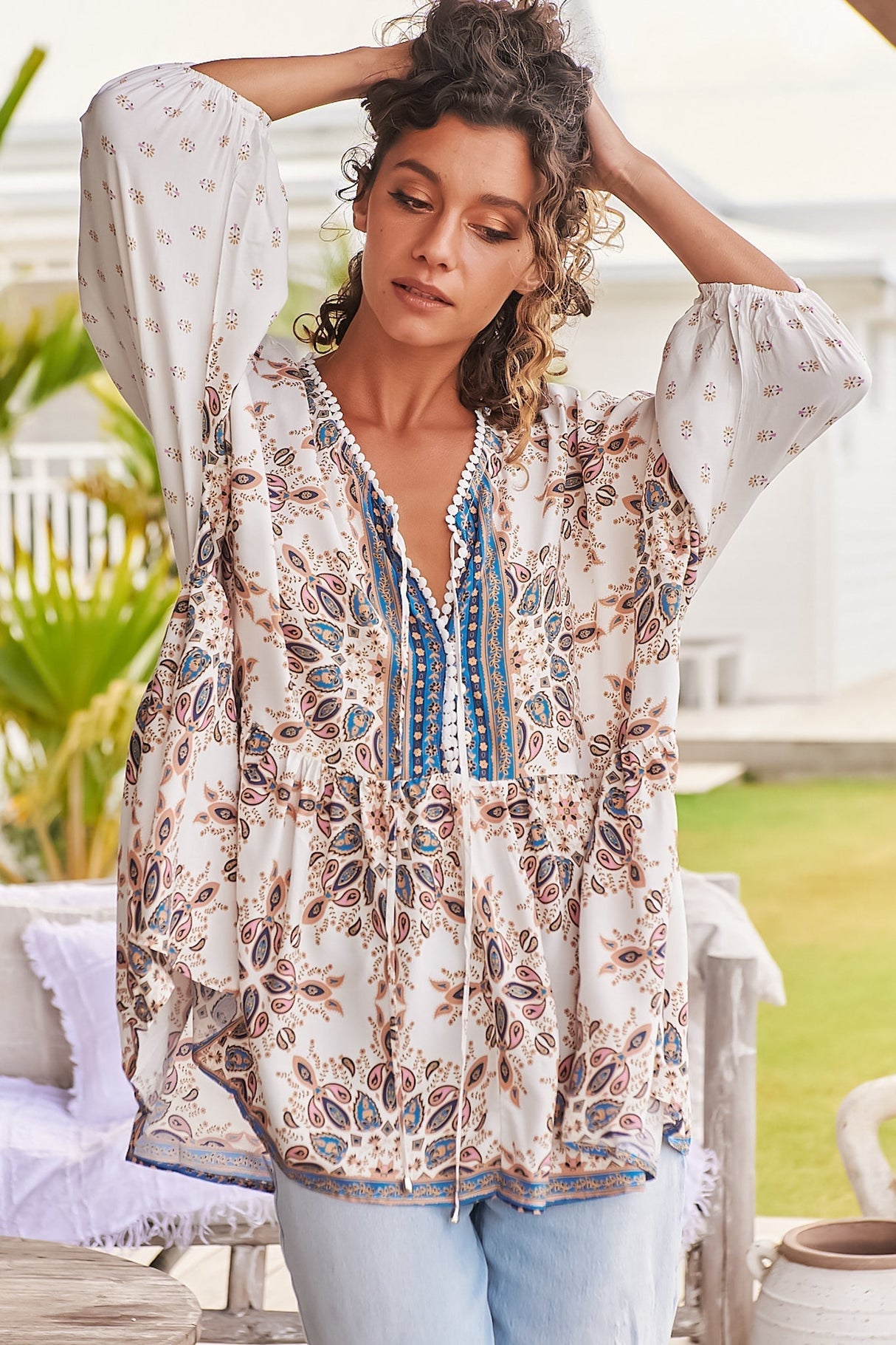 JAASE - Chloe Top: Very Oversized Crochet Trim Neckline Smock Top in Gemstone Print