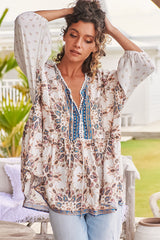 JAASE - Chloe Top: Very Oversized Crochet Trim Neckline Smock Top in Gemstone Print