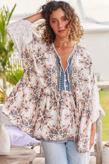 JAASE - Chloe Top: Very Oversized Crochet Trim Neckline Smock Top in Gemstone Print