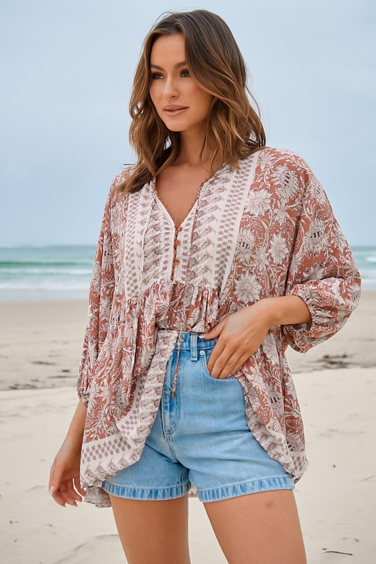 JAASE - Chloe Top: Very Oversized Crochet Trim Neckline Smock Top in Indah Print