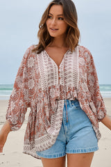 JAASE - Chloe Top: Very Oversized Crochet Trim Neckline Smock Top in Indah Print
