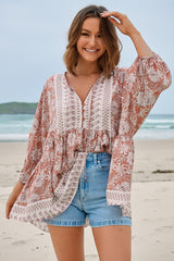 JAASE - Chloe Top: Very Oversized Crochet Trim Neckline Smock Top in Indah Print