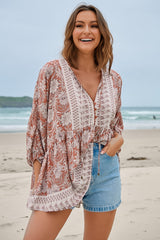 JAASE - Chloe Top: Very Oversized Crochet Trim Neckline Smock Top in Indah Print