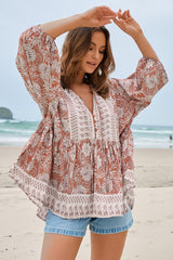 JAASE - Chloe Top: Very Oversized Crochet Trim Neckline Smock Top in Indah Print