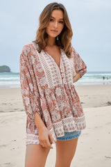 JAASE - Chloe Top: Very Oversized Crochet Trim Neckline Smock Top in Indah Print