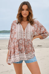 JAASE - Chloe Top: Very Oversized Crochet Trim Neckline Smock Top in Indah Print
