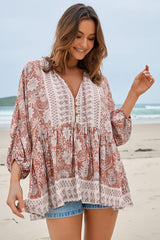JAASE - Chloe Top: Very Oversized Crochet Trim Neckline Smock Top in Indah Print