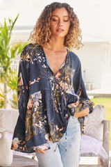 JAASE - Chloe Top: Very Oversized Crochet Trim Neckline Smock Top in Indigo Print