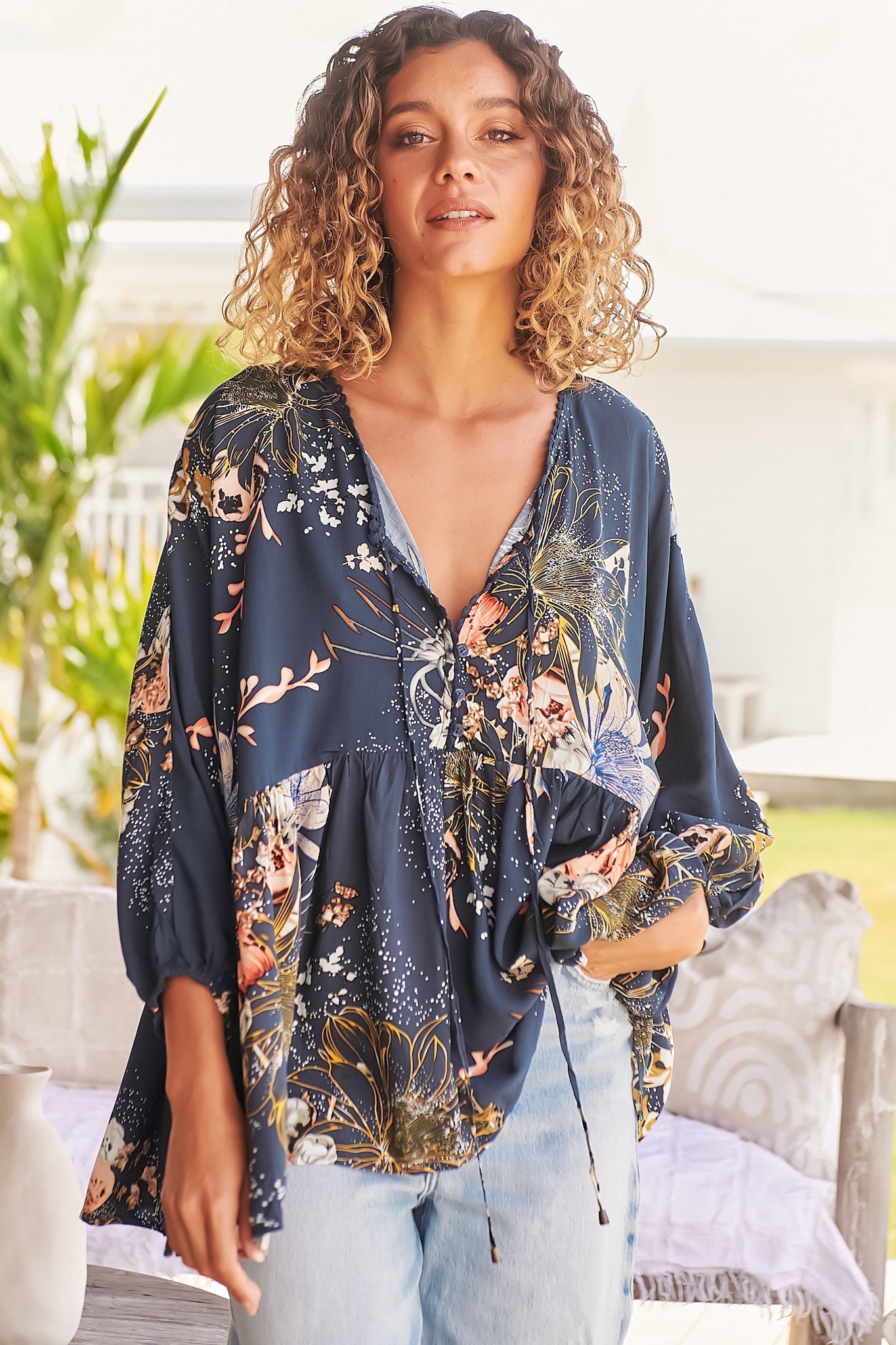 Chloe Top Very Oversized Crochet Trim Neckline Smock Top Print